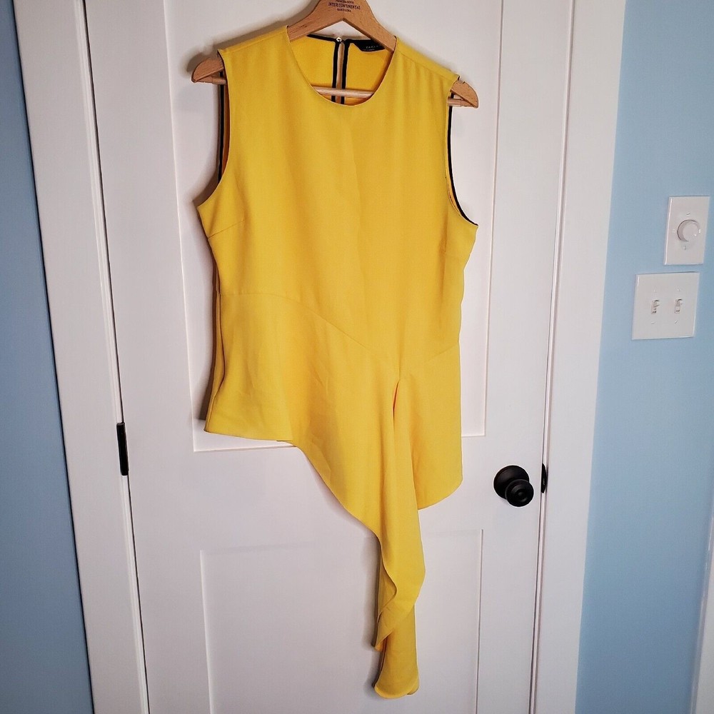Zara Woman Bright Yellow Sleeveless Asymmetric Peplum Top XL